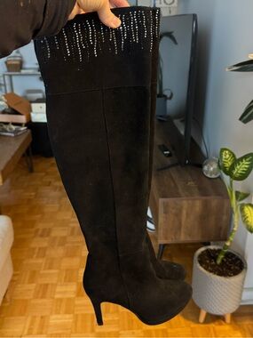 Roberta di Camerino Black Over-the-Knee Suede Boots with Crystal Detailing